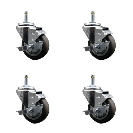 Service Caster 3.5'' Thermo Rubber Swivel 7/16'' Grip Ring Stem Caster Set with Brake, 4PK SCC-GR20S3514-TPRB-TLB-716138-4
